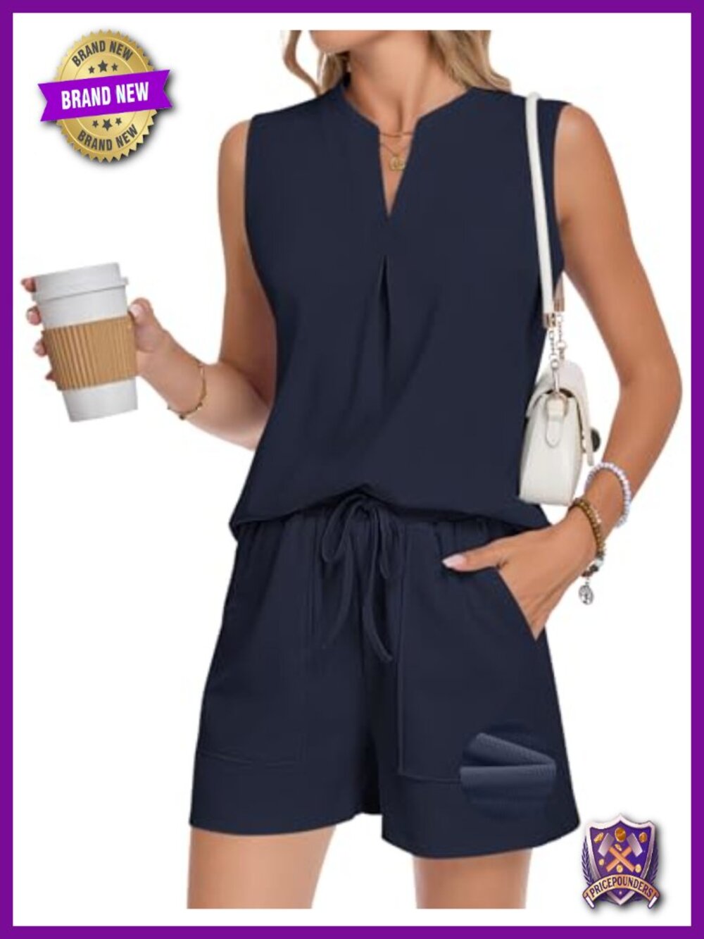 Waffle Knit Sleeveless Two Piece Shorts Set V Neck Drawstring Patch Pockets